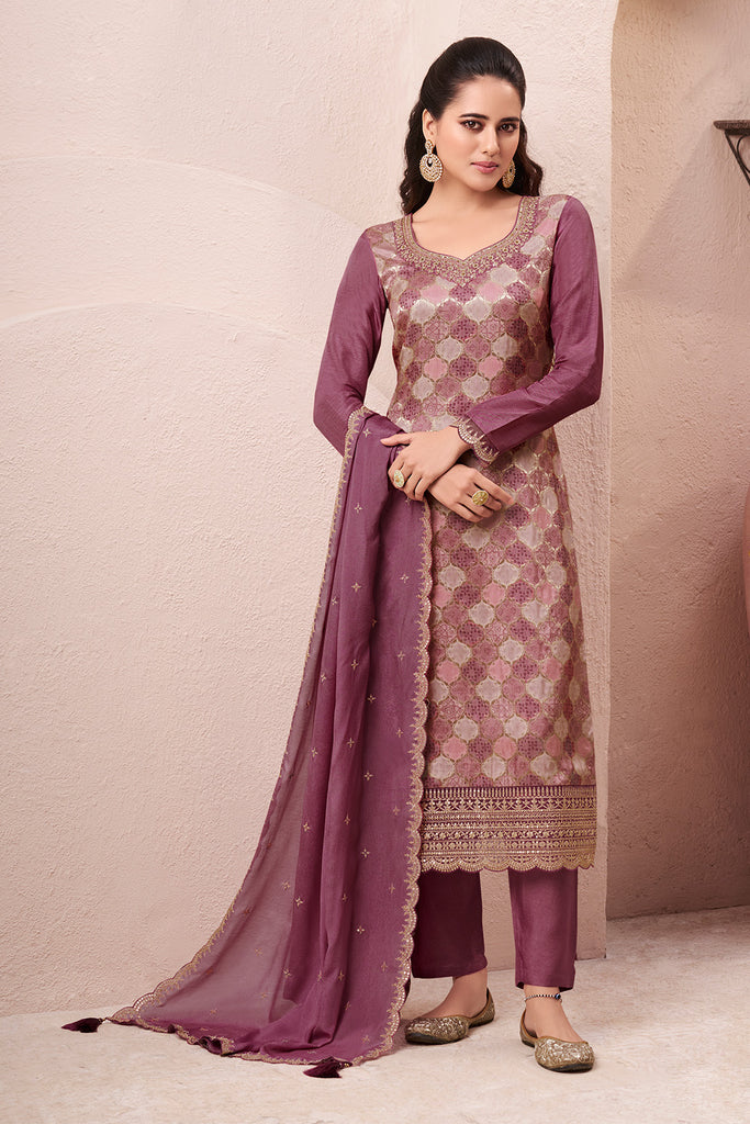 Mauve Silk Zari Woven And Embroidered Unstitched Suit Material