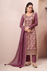Mauve Silk Zari Woven And Embroidered Unstitched Suit Material