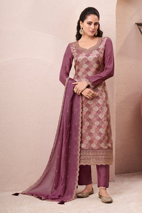 Mauve Silk Zari Woven And Embroidered Unstitched Suit Material