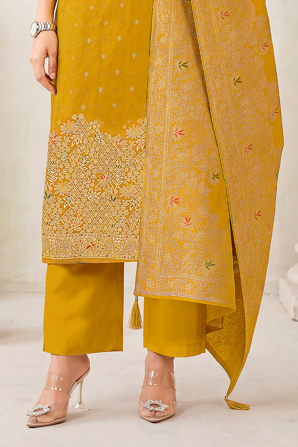 Mustard Pashmina Zari Woven Unstitched Suit Material