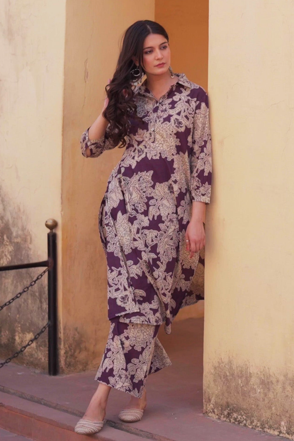 Purple Floral Vine Printed  Cotton Kurta Set