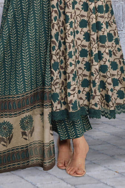 Beige & Blue Cotton Floral Printed Floor Lenght Anarkali Suit