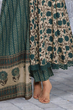 Beige & Blue Cotton Floral Printed Floor Lenght Anarkali Suit