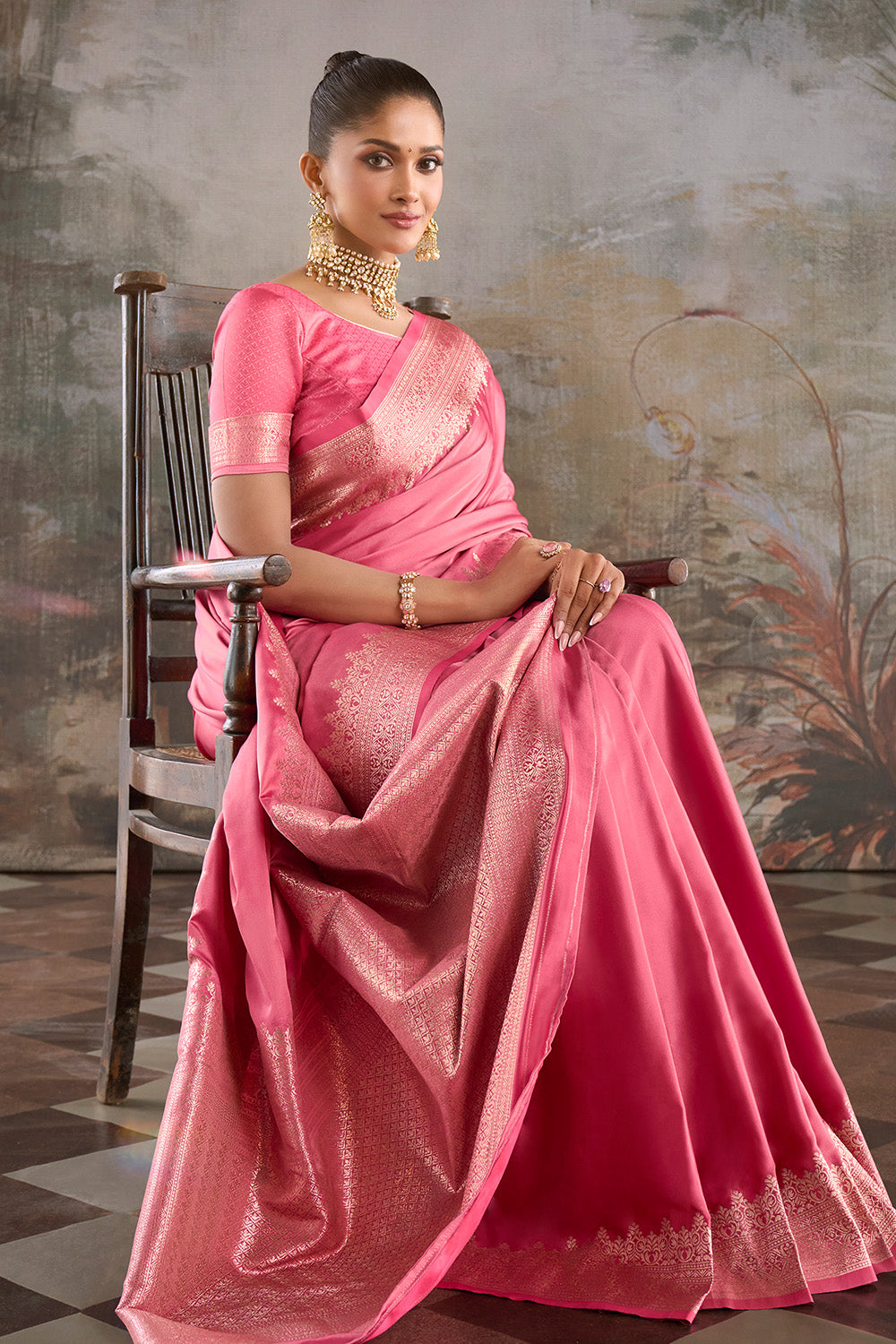 Dusty Pink Zari Woven Satin Silk Saree