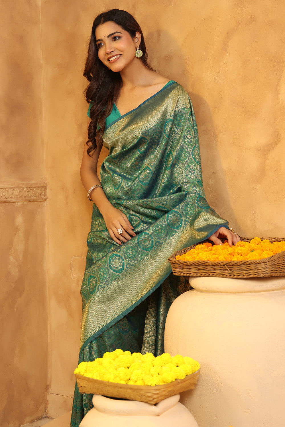 Teal Colour Silk Woven Saree