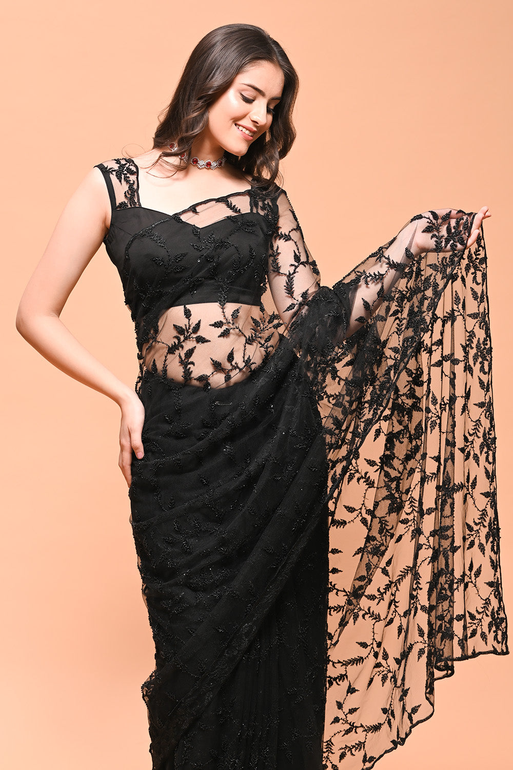 Black Color Net Cut-Dana Work Saree