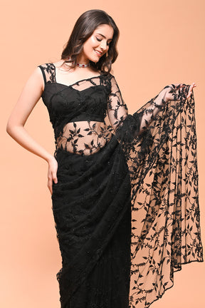 Black Color Net Cut-Dana Work Saree