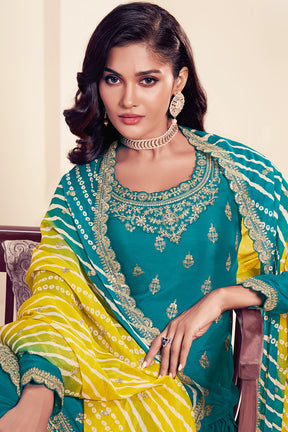 Teal Silk Embroidered Unstitched Suit Material With Readymade Palazzo