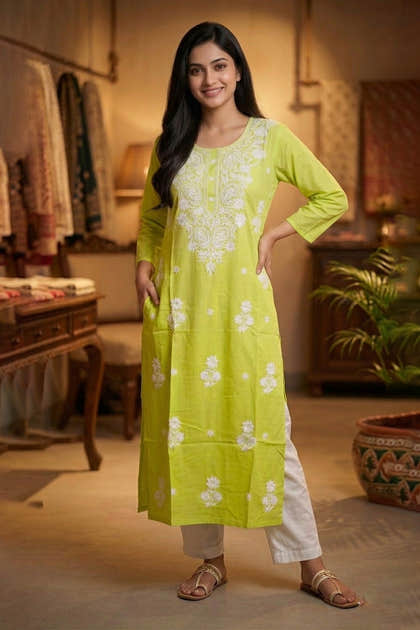 Ombre Green Resham Embroidered Rayon Cotton Kurta