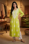 Ombre Green Resham Embroidered Rayon Cotton Kurta