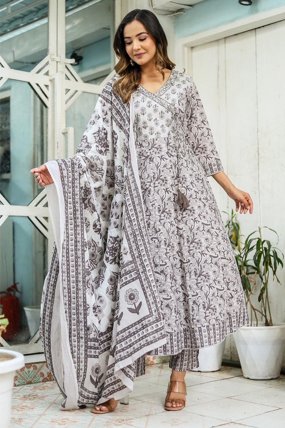 Grey Color Cotton Printed Anarkali Suit