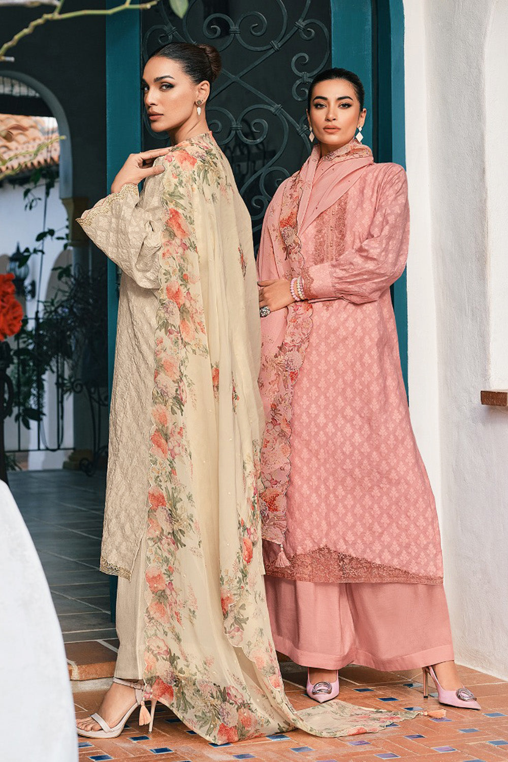 Beige Printed And Embroidered Cotton Unstitched Suit