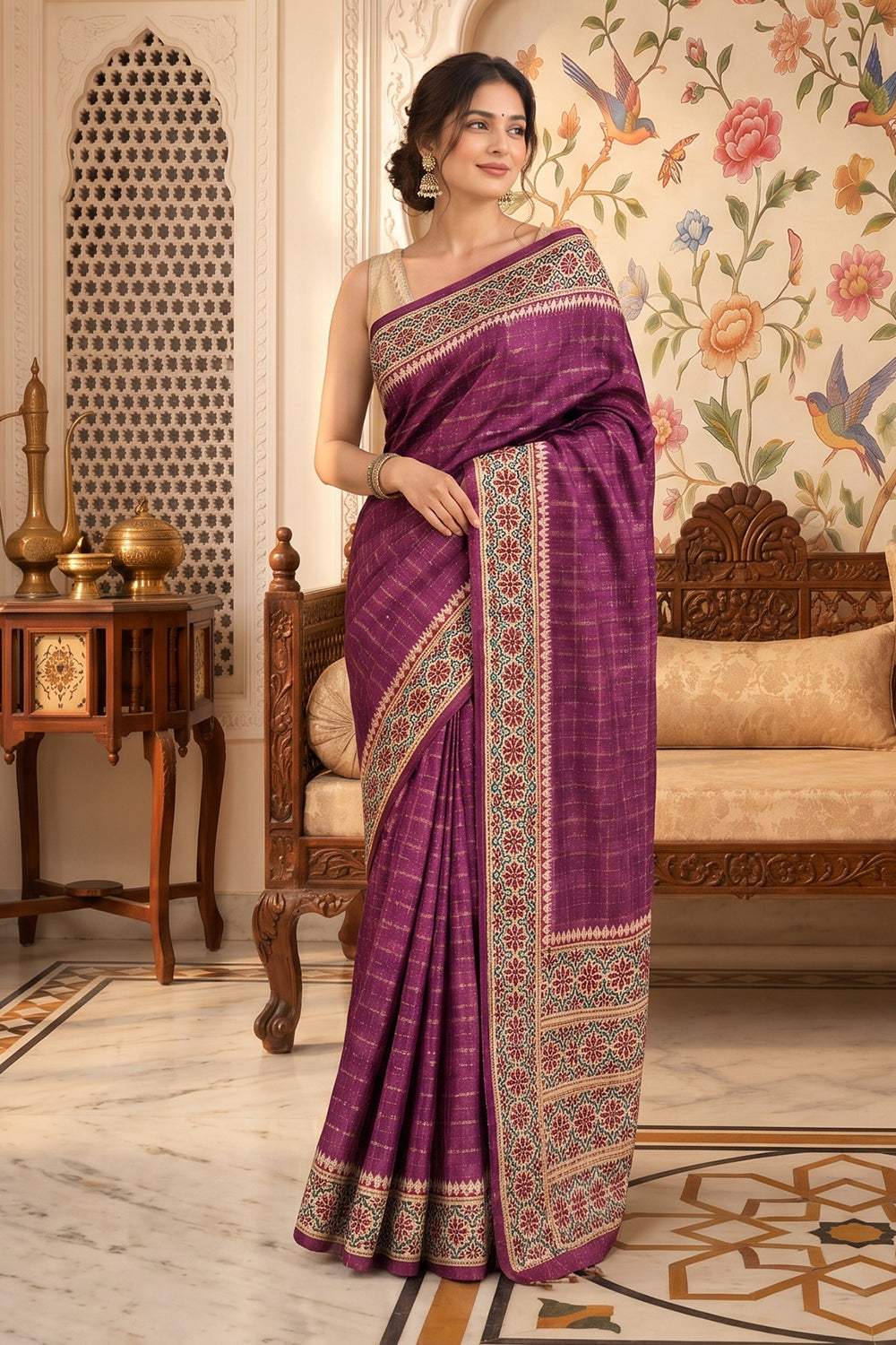 Purple Tussar Silk Printed And Zari Taar Woven Saree