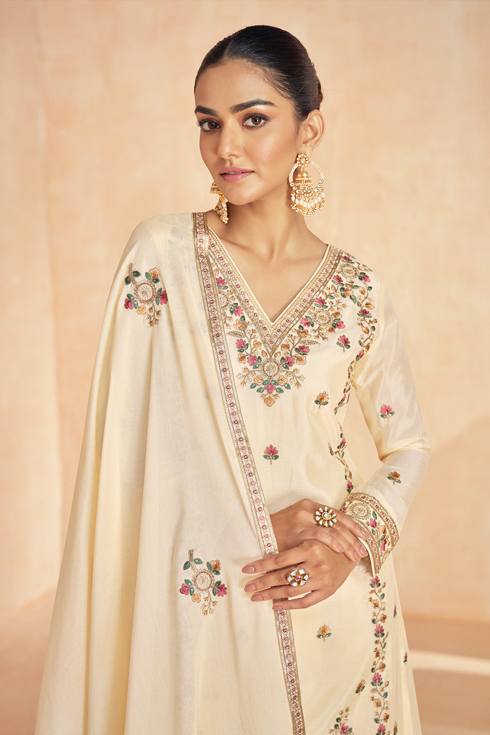Cream Color Crepe Silk Resham Embroidered Suit With Palazzo