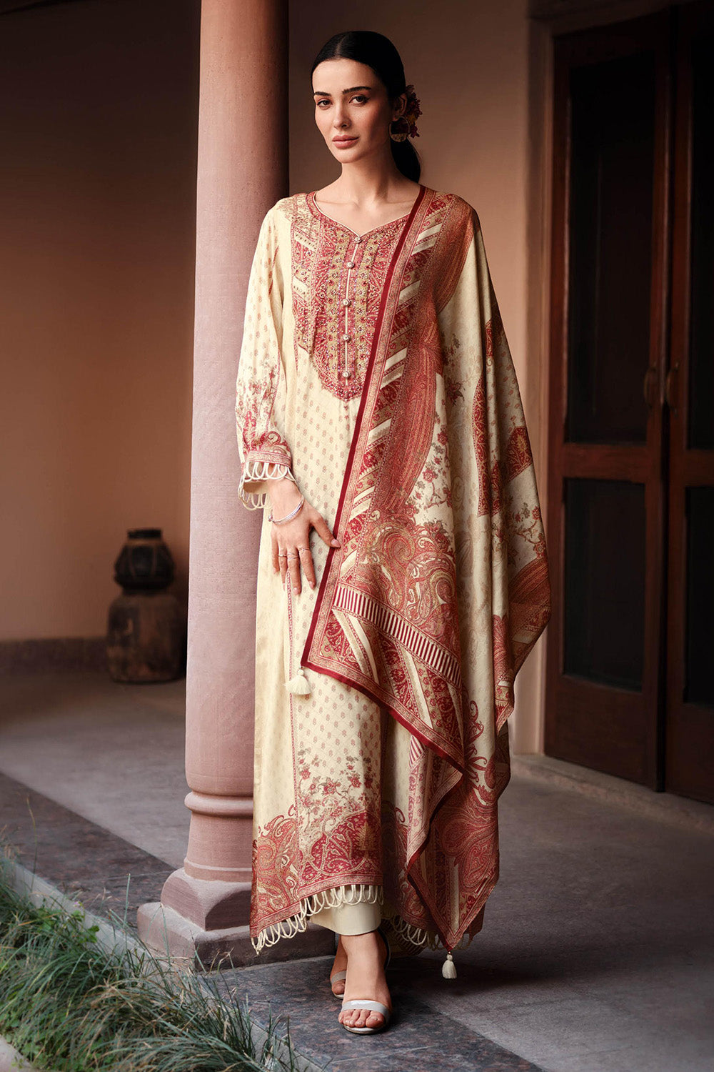 Cream Crepe Printed Unstitched Suit