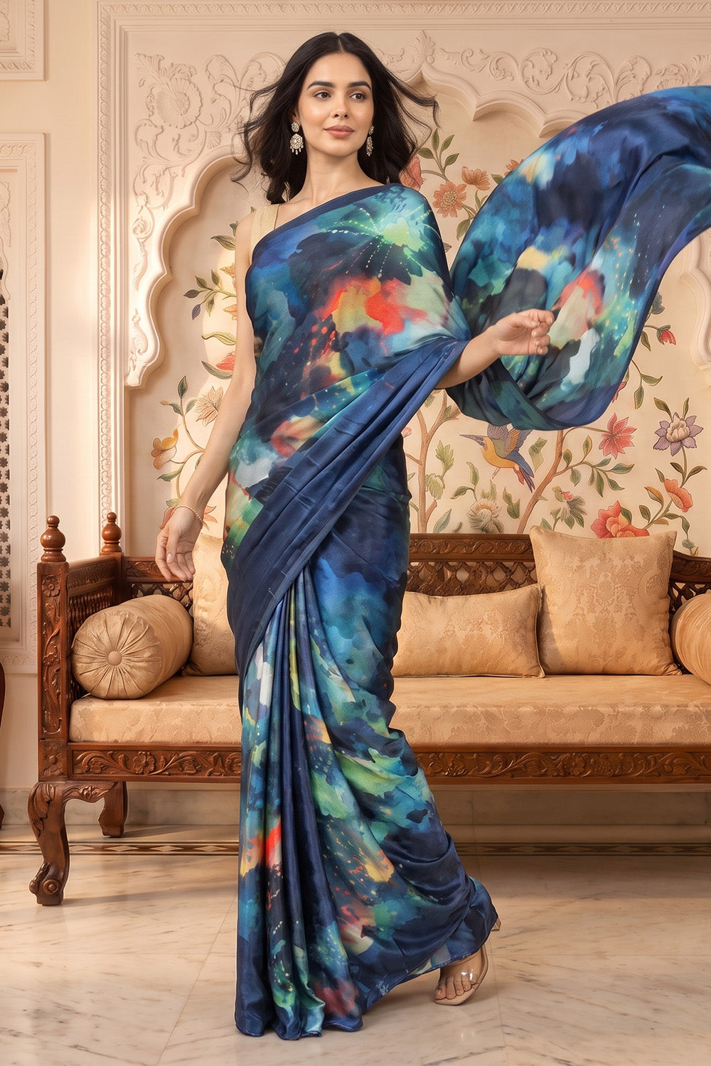 Blue Satin Abstract Printed Saree