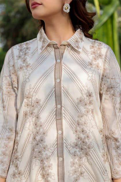 Cream Cotton Resham Embroidered Co-ord Set