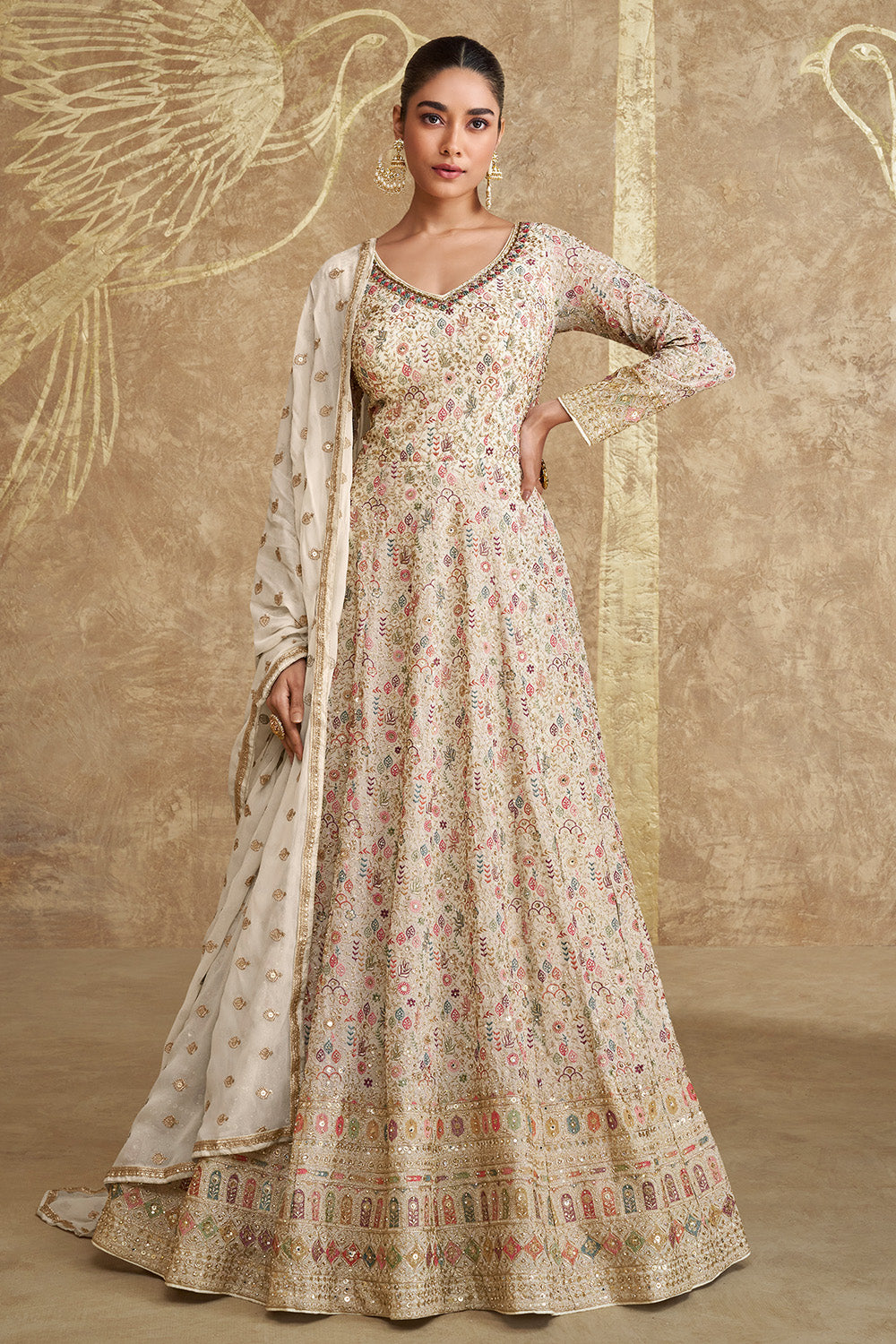 Cream Color Georgette Heavy Embroidered Anarkali Suit