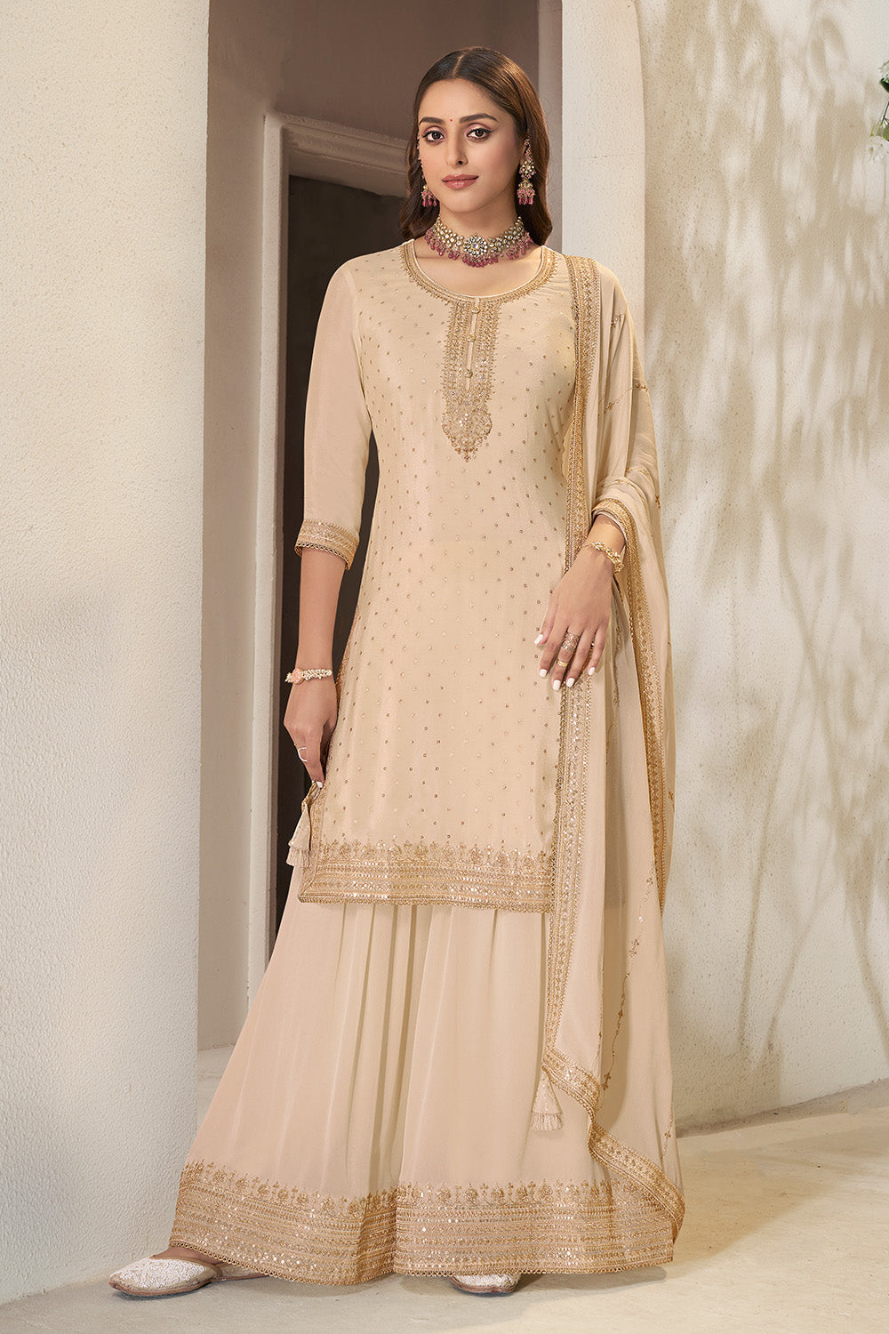 Cream Crepe Silk Zari Embroidered Suit With Embroidered Palazzo