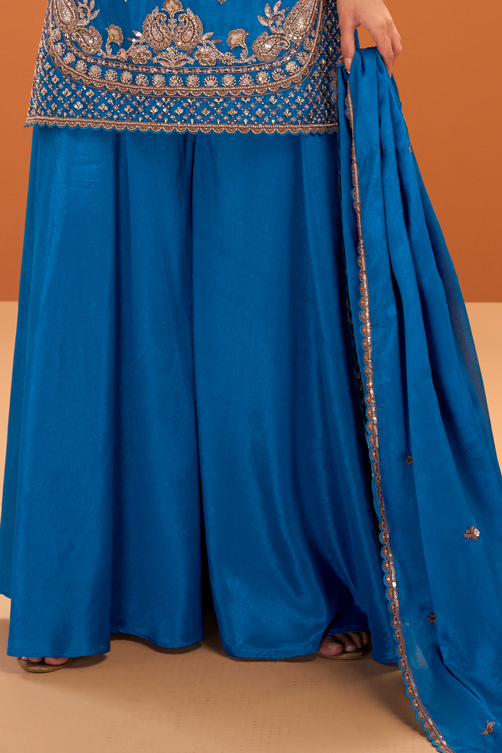Blue Crepe Silk Cut-Dana And Sequins Embroidered Suit With Palazzo