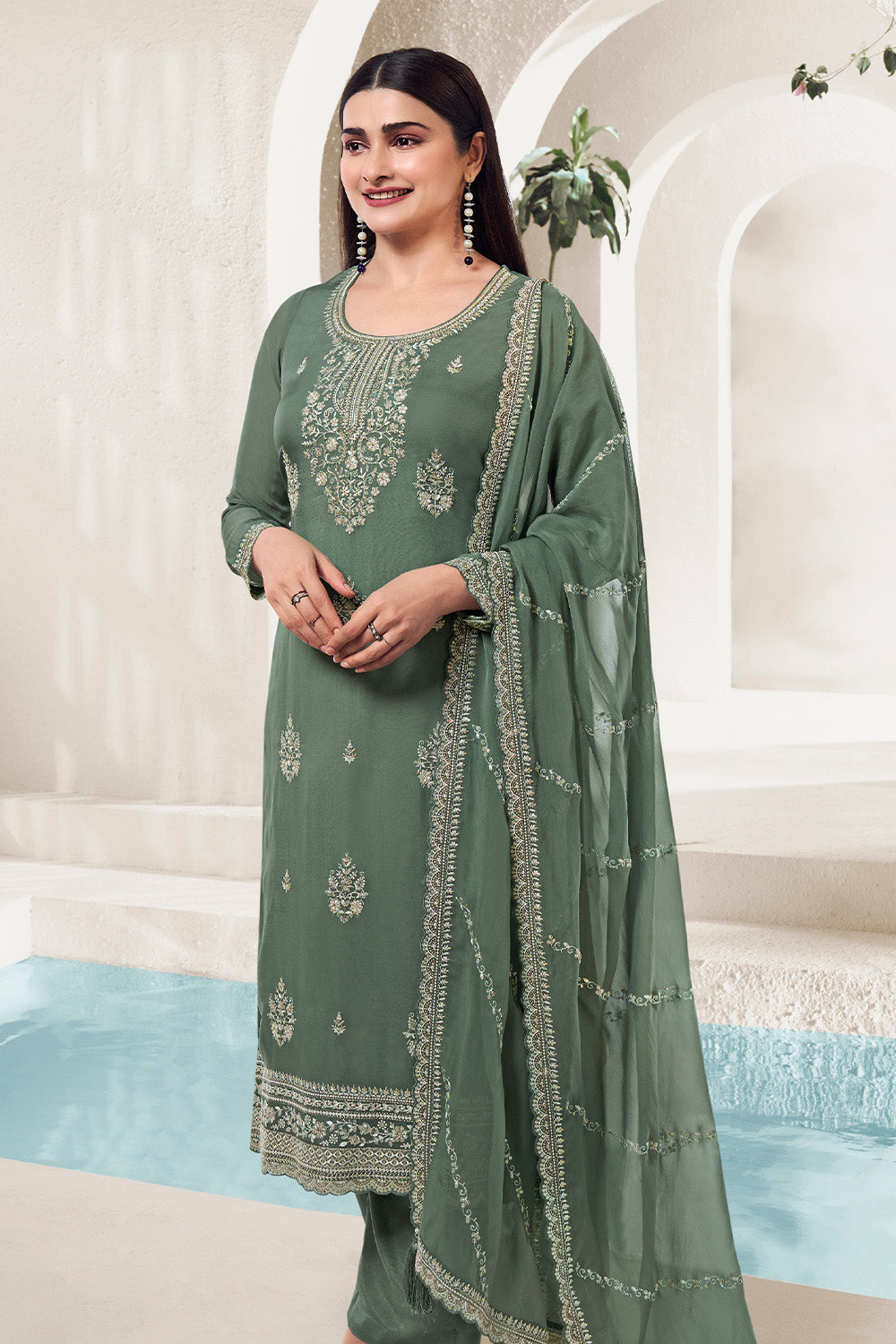 Sage Green Color Muslin Resham Embroidered Unstitched Suit Material
