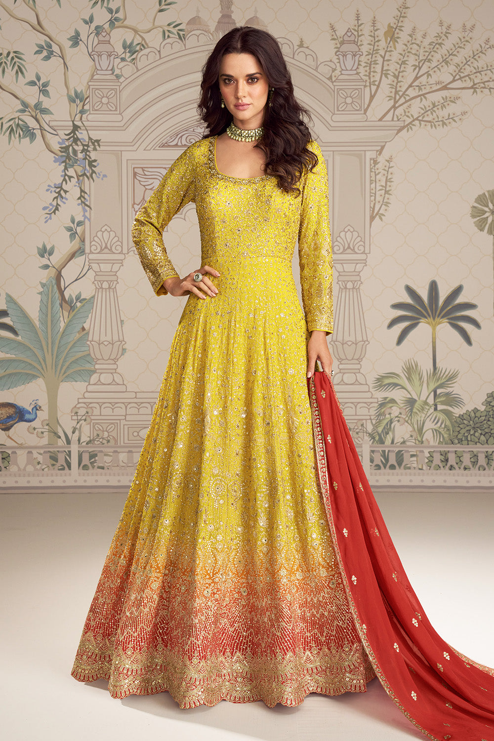 Yellow Georgette Zari and Sequins Embroidered Anarkali Suit
