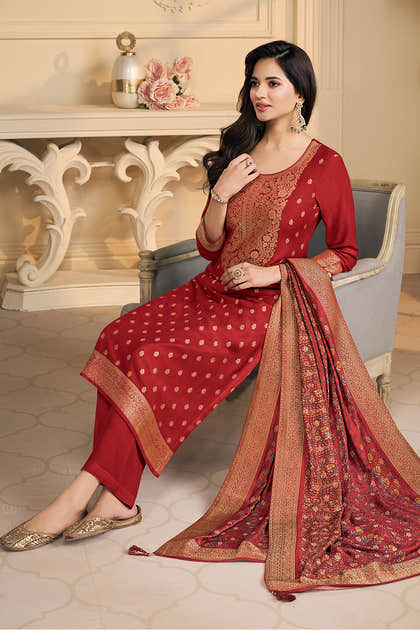 Maroon Pashmina Zari Woven Unstitched Suit Fabric
