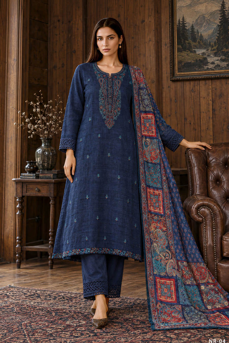 Navy Matka Silk Embroidered Unstitched Suit Material
