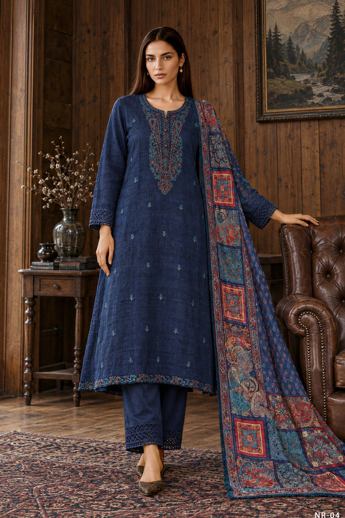 Navy Matka Silk Embroidered Unstitched Suit Material