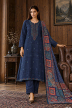Navy Matka Silk Embroidered Unstitched Suit Material