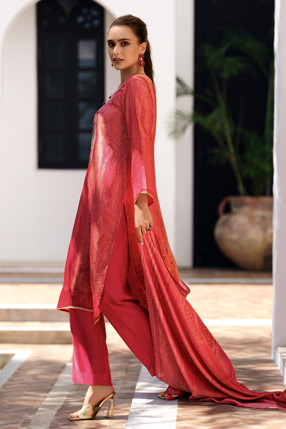 Fuchsia Pink Color Mantellic Tissue Neck Embroidered Unstitched Suit