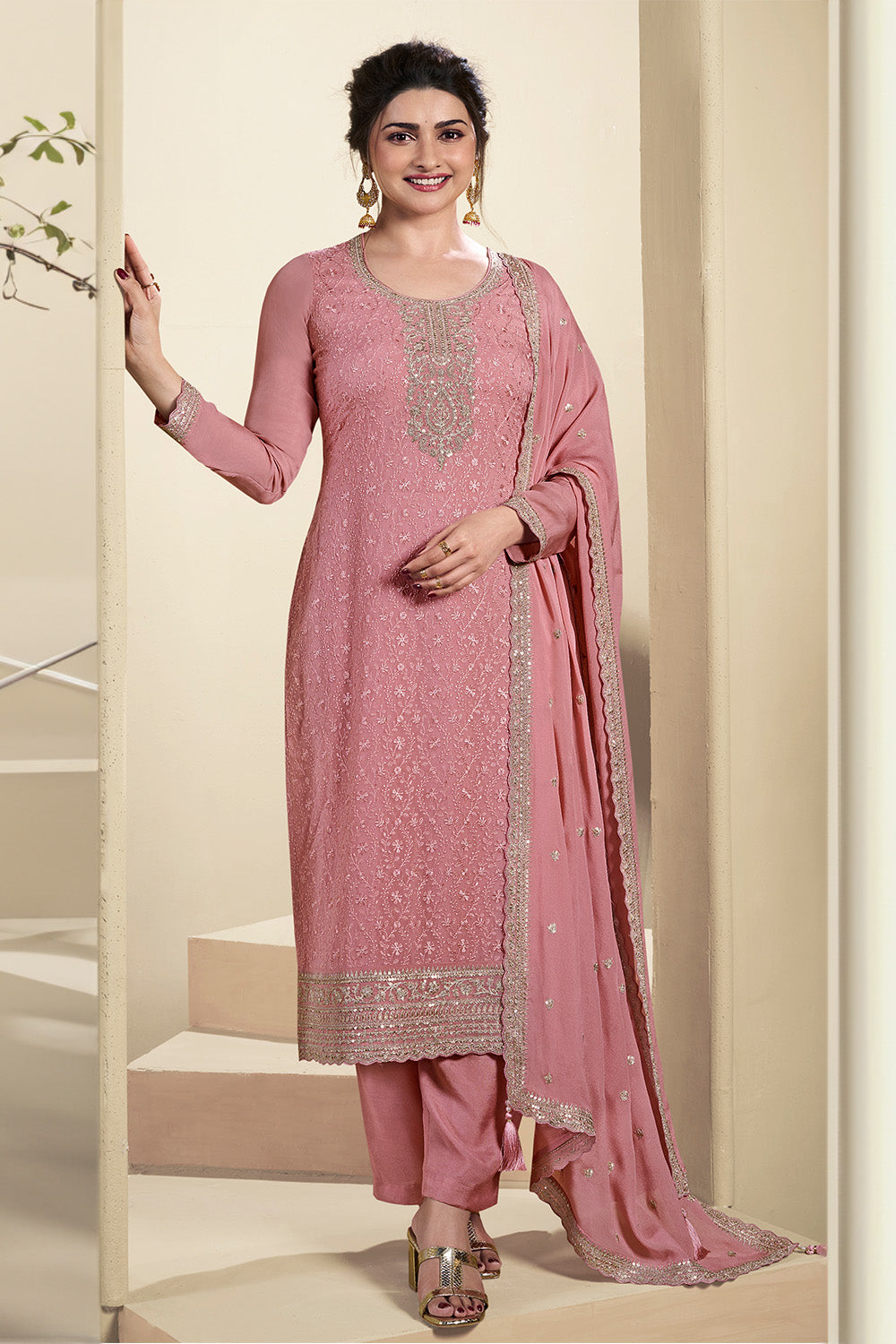 Peach Color Georgette heavy Embroidered Unstitched Suit Material