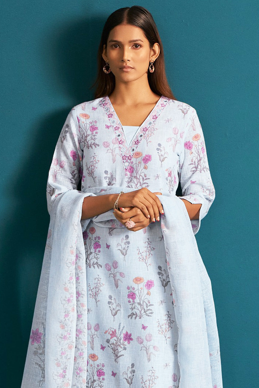 Light Blue Color Khadi Cotton Floral Printed and Neck Embroidered Suit