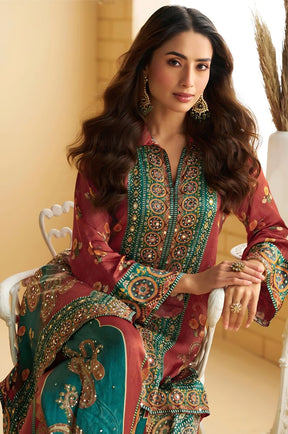 Rust & Teal Printed Crepe Kurta Set With Palazzo