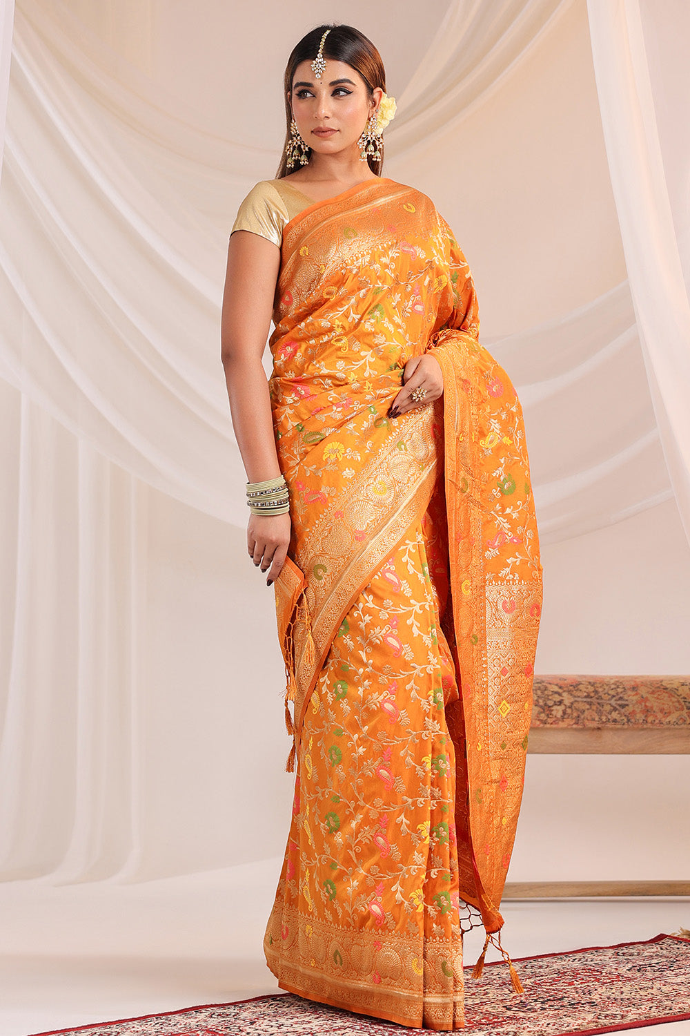 Mustard Resham & Zari Floral Woven Silk Saree