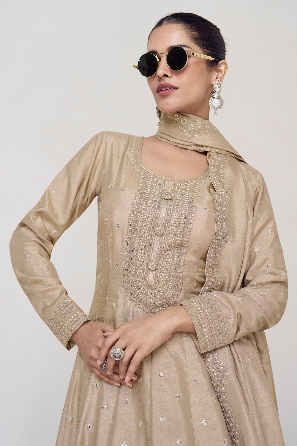 Fawn Color Silk Embroidered Anarkali Kurti