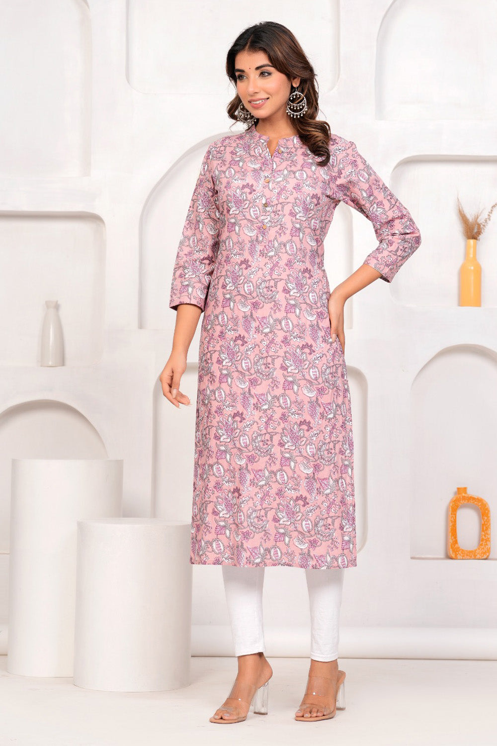 Dusty Pink Color Cotton Printed Long Kurti