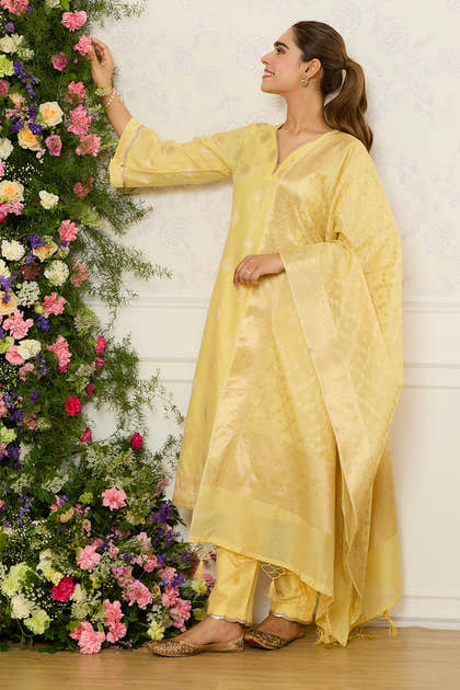 Yellow Chanderi Cotton Zari Woven Unstitched Suit Material