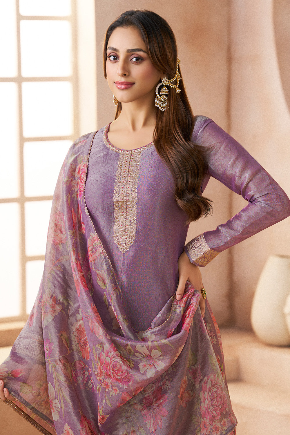 Lavender Metallic Tissue Zari Woven Unstitched Suit Material