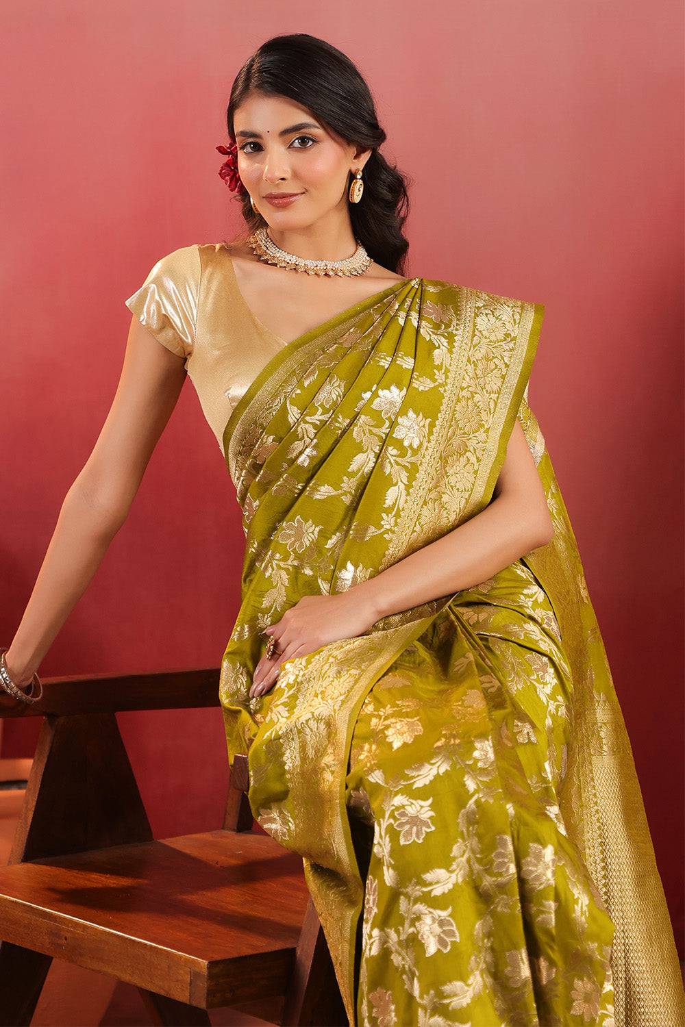 Sage Green Zari Floral Woven Silk Saree