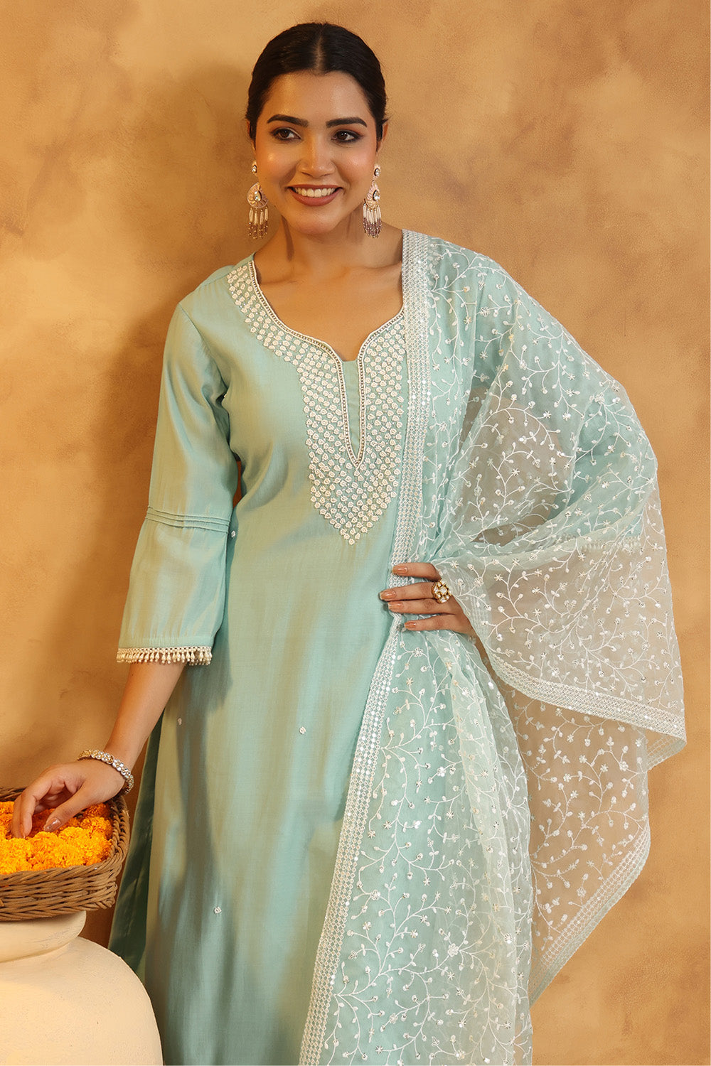 Powder Blue Color Cotton Neck Embroidered Unstitched Suit Fabric