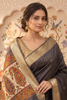 Black Cotton Printed And Woven Border Saree