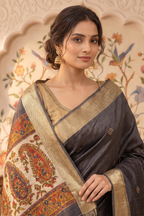 Black Cotton Printed And Woven Border Saree