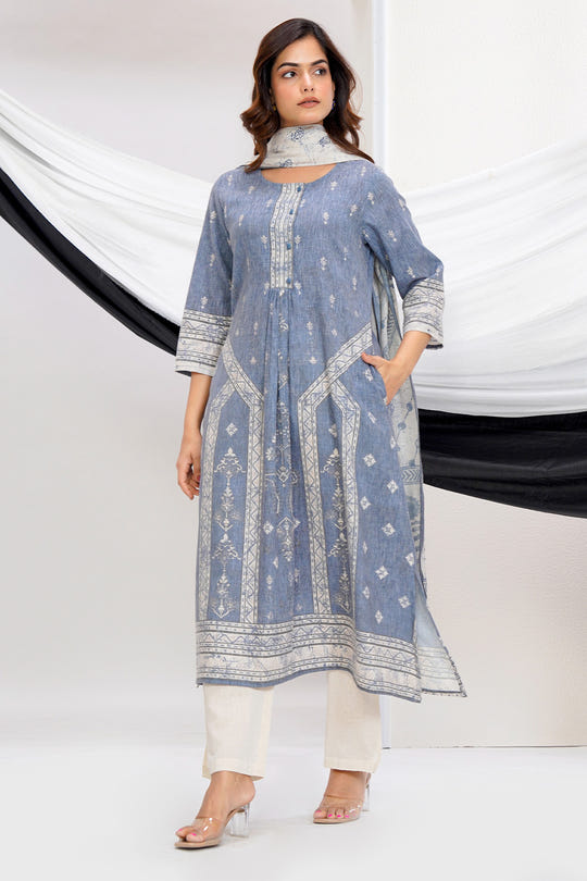 Grey Cotton Printed Suit Set