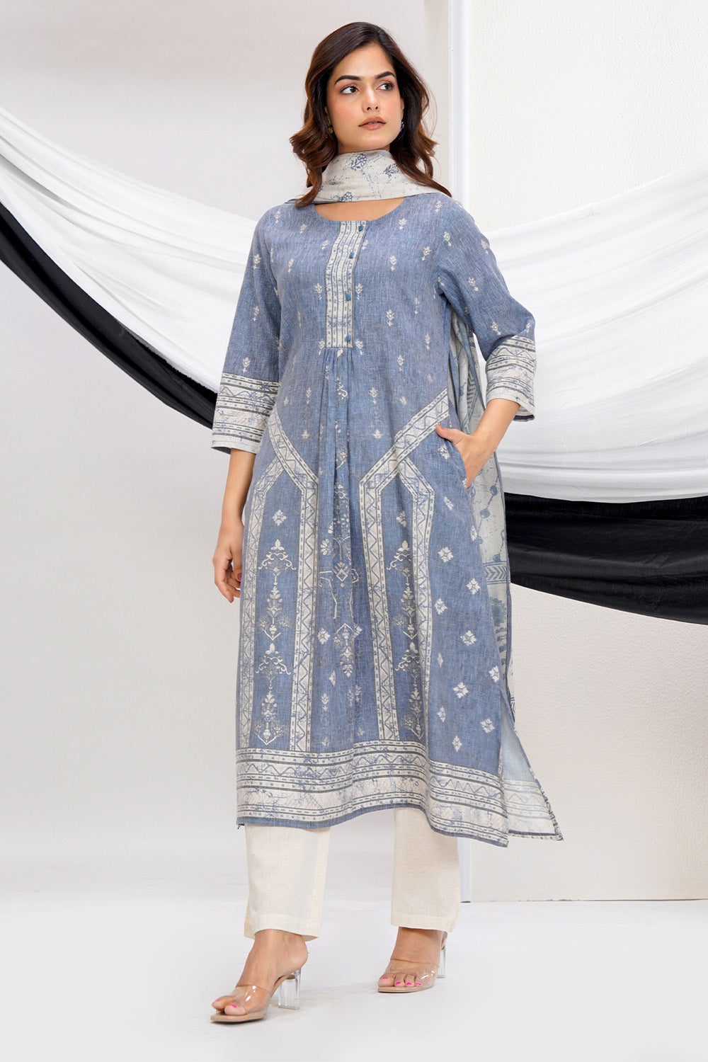 Grey Cotton Printed Suit Set