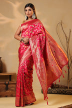 Cherry Red Colour Silk Zari & Resham Woven Saree