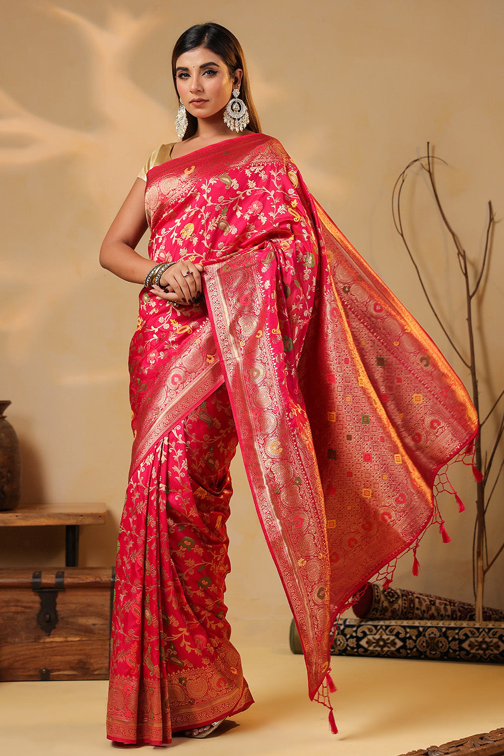 Cherry Red Colour Silk Zari & Resham Woven Saree