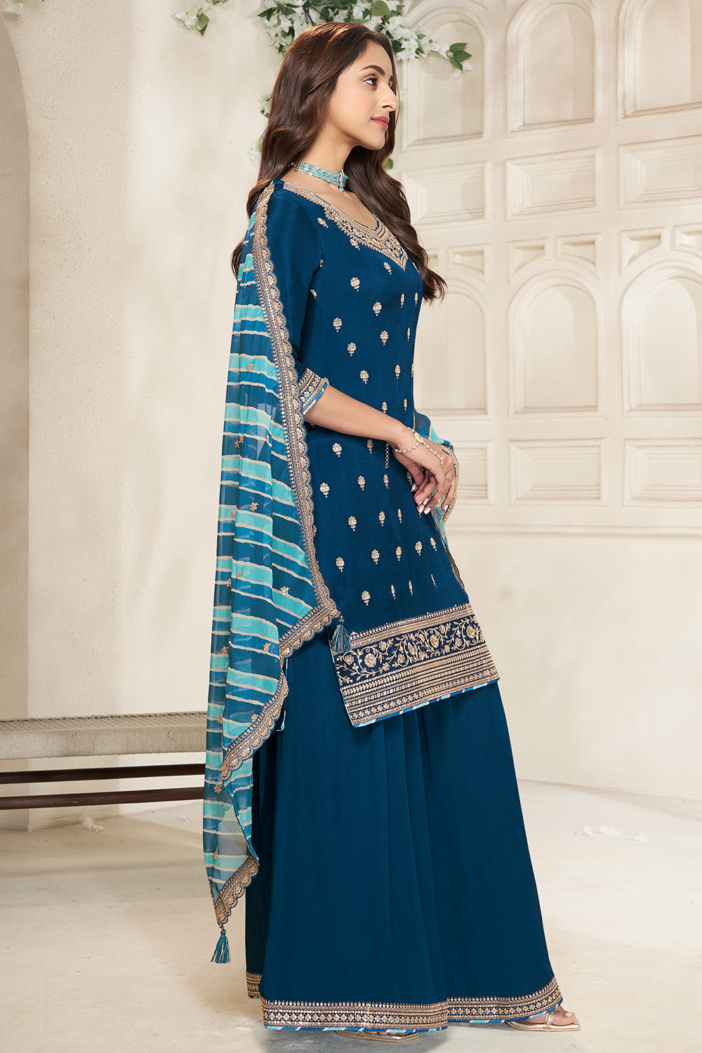Dark Royal Blue Color Crepe Silk Zari Embroidered Suit with Palazzo