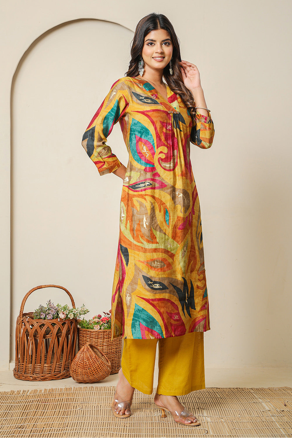 Mustard Abstract Printed Muslin Long Kurta