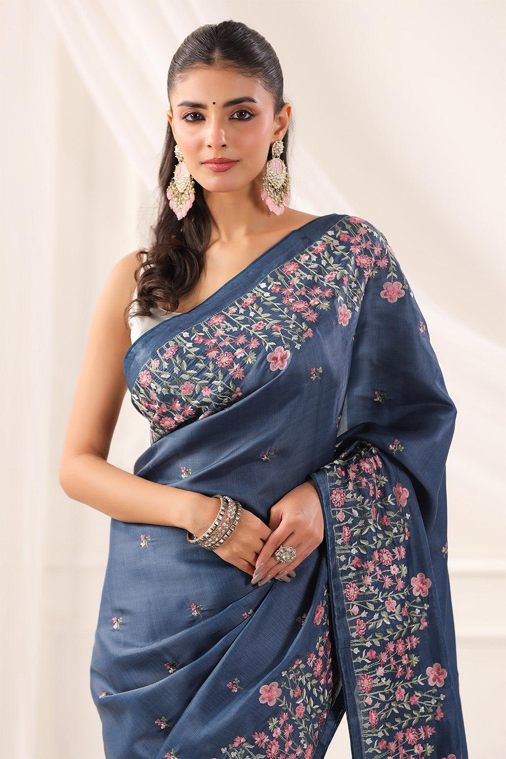 Greyish Blue Tussar Silk Resham Floral Embroidered Saree